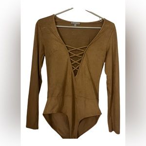 Brown velvet cross body suit. Full bottom coverage.